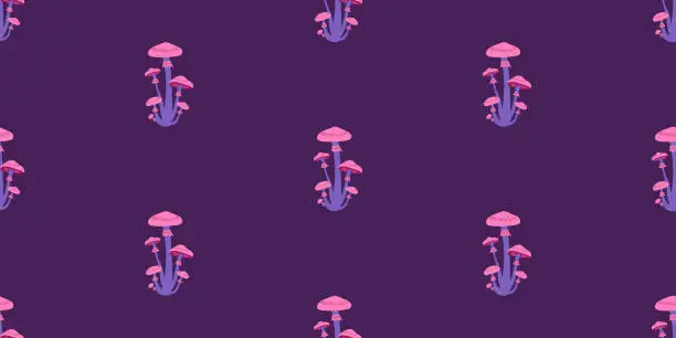 Vector illustration of Seamless pattern with purple and pink mushrooms