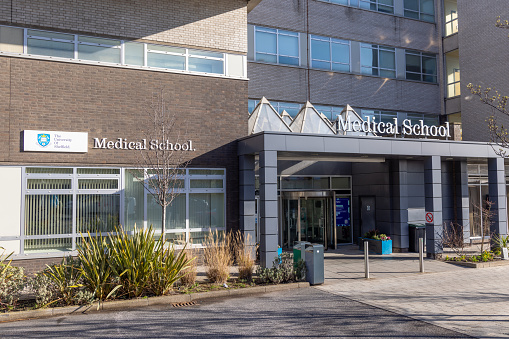 Sheffield, South Yorkshire, United Kingdom - February 24 2024: Sheffield Hallamshire Hospital Medical School entrance. Part of the University of Sheffield.