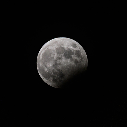 Full moon in the middle of the night with a partial lunar eclipse. Black background, copy space.