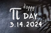 Happy Pi Day text on blackboard background