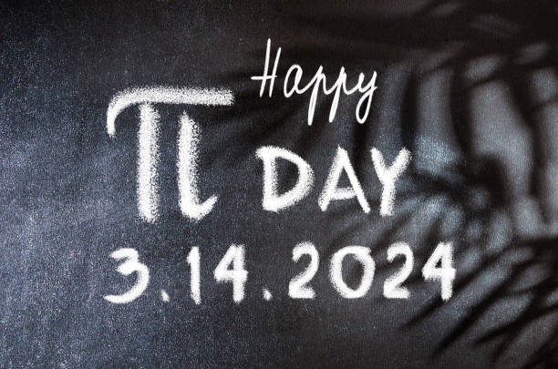 Happy Pi Day text on blackboard background stock photo