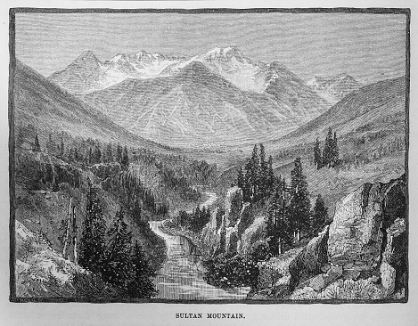 Illustration from Harper's Magazine Volume LXIV December 1881 to May 1882: Depiction of an overview of  a winding river leading to Sultan Mountain near Silverton, Colorado,