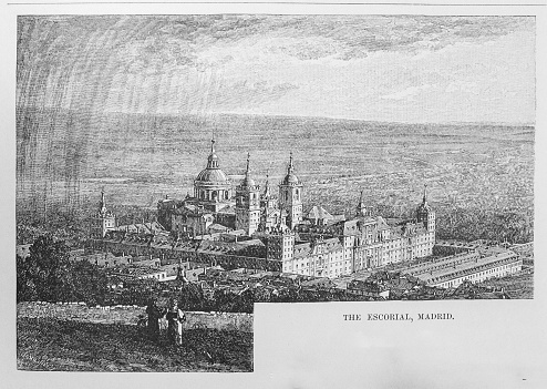 Illustration from Harper's Magazine Volume LXIV December 1881 to May 1882: Depiction  of tow people standing at  an overlook of the Escorial in Madrid. Built between 1563 and 1584    El Escorial is the largest Renaissance building in the world.  It is one of the Spanish royal sites and functions as a monastery, basilica, royal palace, pantheon, library, museum, university, school, and hospital.