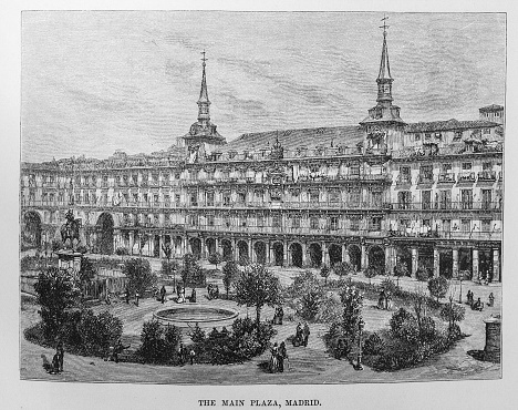 Illustration from Harper's Magazine Volume LXIV December 1881 to May 1882: Depiction  of the massive architecture of  Madrid's Main Plaza, Plaza Mayor.