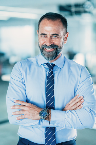 Portrait of senior businessman in the modern office. Successful elegant mature businessman standing in the office, smiling and looking at camera.