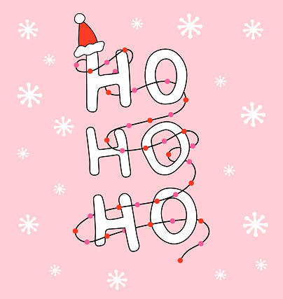 New Year background with the inscription hohoho on a pink background with a hat and garland