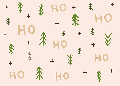 Cartoon New Year's background with fir trees, snowflakes and the inscription hohoho
