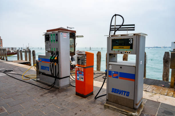 Venice, Italy- Feb 25, 2023:  Boat fuel station in Venice Italy.