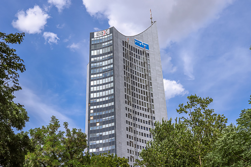 Leipzig, Germany- July 13, 2023: The office building of eex in Leipzig. European Energy Exchange (EEX) AG is a central European electric power and related commodities exchange located in Leipzig, Germany.