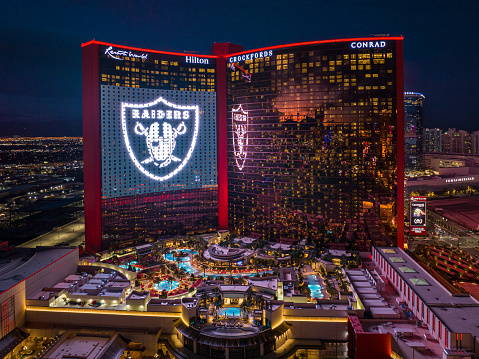 Las Vegas, USA - February 17, 2018 Panoramic view of Las Vegas strip at night in Nevada.