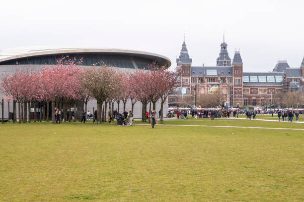 Amsterdam, Netherlands, April 16, 2023; Van Gogh Museum and Rijksmuseum on Museumplein in Amsterdam.