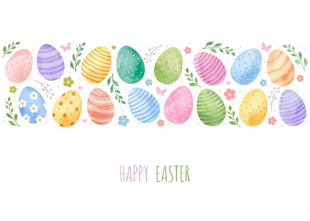 Vector illustration of Easter greeting card with watercolor drawn eggs