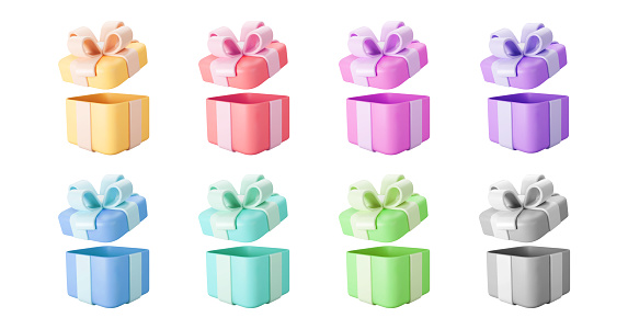 3d color open gift boxes set with pastel ribbon bow isolated on a white background. 3d render flying modern holiday open surprise box. Realistic vector icon for present, birthday or wedding banners.