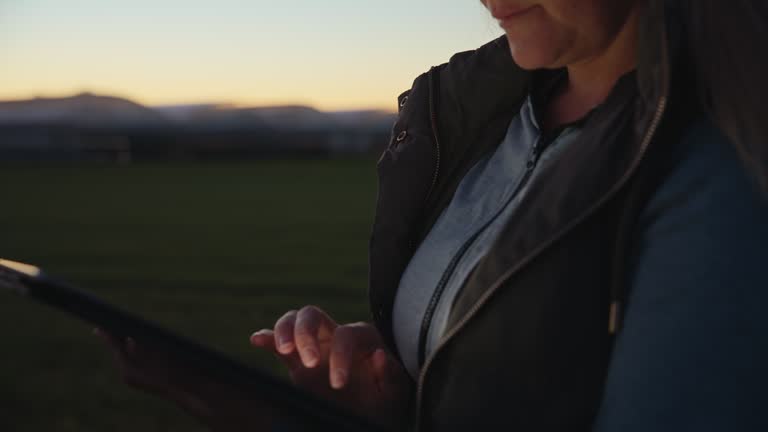 SLO MO Midsection of Female Farmer using Digital Tablet on Agricultural Field against Clear Sky during Sunset