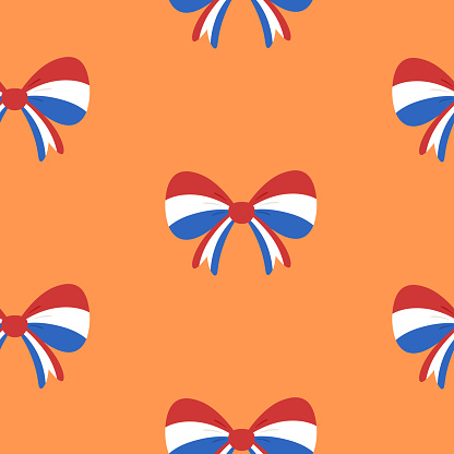 Seamless pattern with bows in colors of Dutch flag on orange background. Koningsdag (King's Day) celebration theme. Vector illustration.