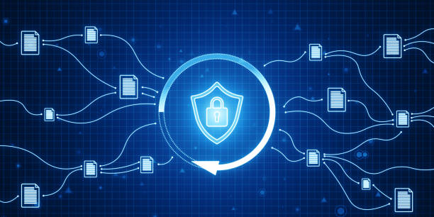 Abstract glowing padlock shield hologram on blurry wide blue background. Safety, web protection and antivirus concept. 3D Rendering.