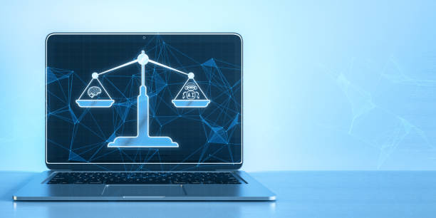 istock Concept of AI law, artificial intelligence regulations in glowing low polygonal style with brain and scale symbol on dark blue background. Laptop on desk with hologram and mock up place. 3D Rendering. 2043671112