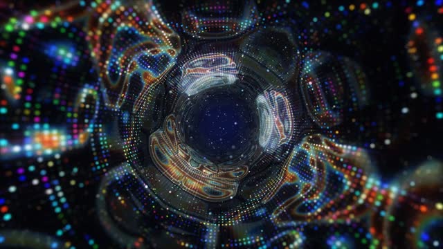 A wormhole through time and space. Abstract colorful shining tunnel 4k, time travel concept.
