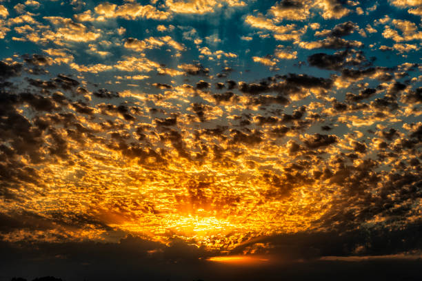 Enjoy a panoramic view of the skyline. The sun rises in the morning sky with colorful clouds. and beautiful cloud patterns In the soft light of the morning