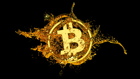 3d render of the bitcoin logo in gold and golden paint splashes over black background