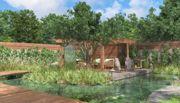 istock 3d rendering of a garden with pond and a sitting area. 2043693016
