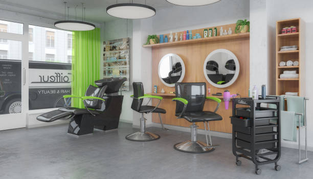 3d render of a hairdressing salon with chairs, wash basin