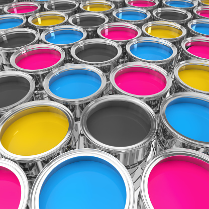 3d render of many paint buckets with bright colors  in cmyk on white ground