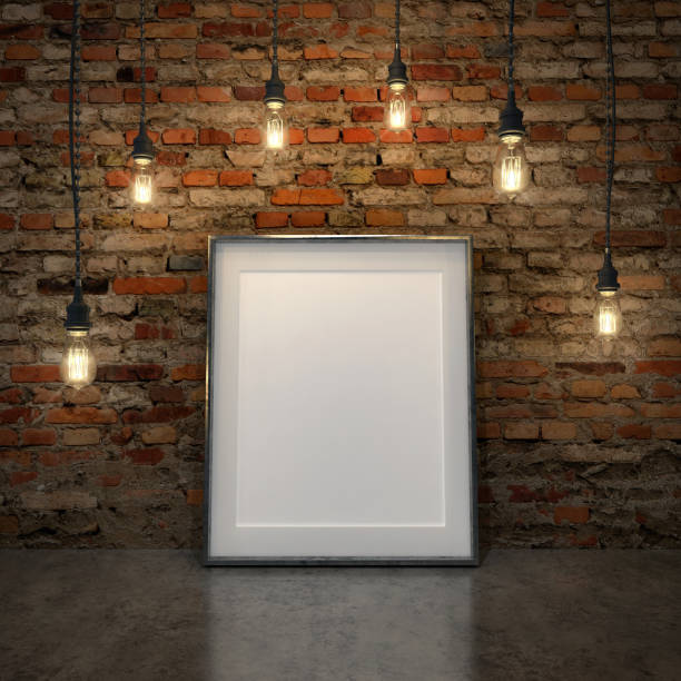 istock 3d rendering - Mock-up - An empty picture frame in front of a stone wall. 2043694583