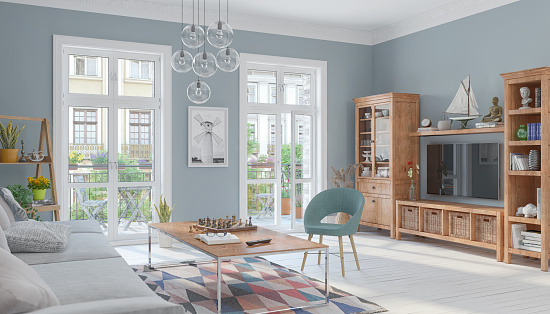 3d render of a scandinavian, nordic, cosy living room with a sofa, table and furniture - flat - apartment