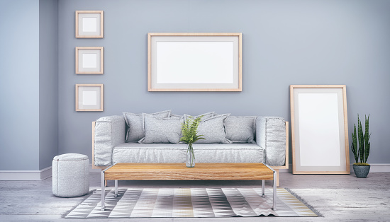 3d render - Scandinavian, Nordic living room with a couch, table and a carpet - empty picture frames - placeholder - retro look