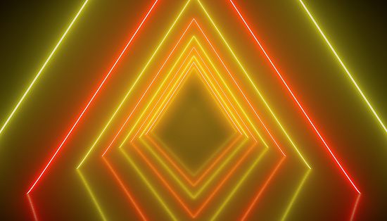 Illustation of glowing neon tunnel in red and yellow on reflecting floor. - Abstract background