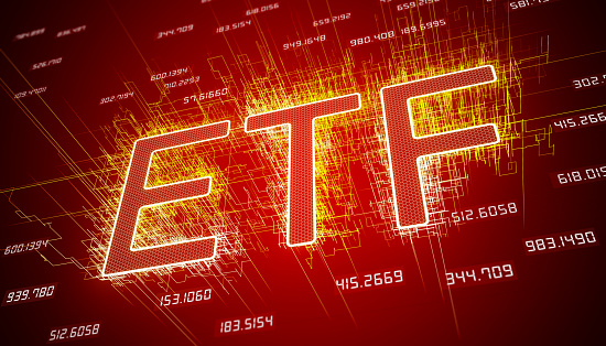 illustration of keyword ETF on dark red abstract background - business concept.
