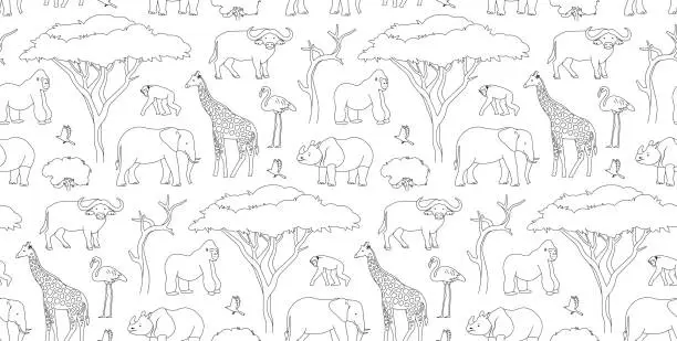 Vector illustration of African animals vector coloring page pattern.