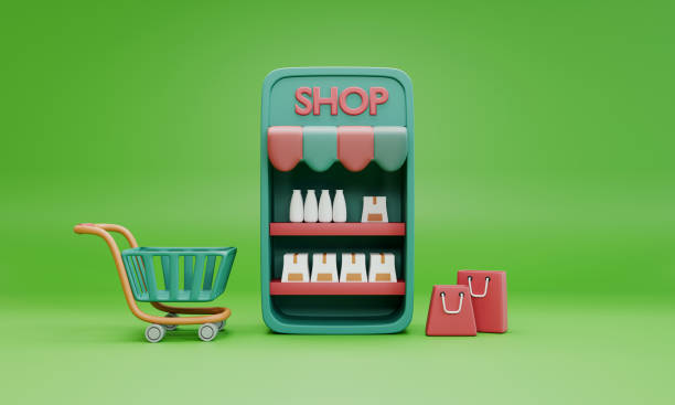 istock Shopping cart moving out from mobile phone 2043738942