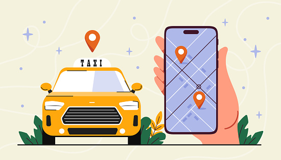 Taxi application concept. Hands holding smartphone with map at background of yellow automoile. Trip and travel, urban infrastructure. Navigation and geoocation. Cartoon flat vector illustration