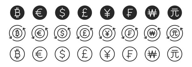 internationale währungssymbole gesetzt. geld- und währungsumtausch. dollar, bitcoin, euro, franc, yen, won. vektor-illustration - swiss currency dollar sign exchange rate symbol stock-grafiken, -clipart, -cartoons und -symbole