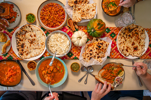 overhead view of tablescape of people eating at an Indian Restaurant