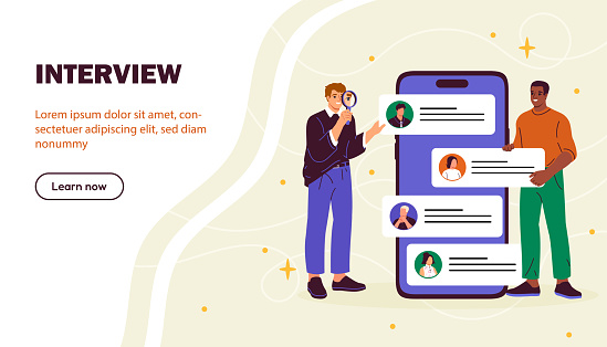 Job interview concept. Two men near smartphone screen with candidates at vacancy. Ranking and rating. HR managers with curriculum vitae. Landing page design. Cartoon flat vector illustration