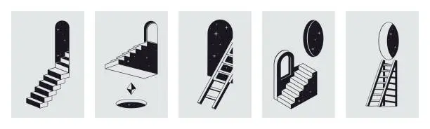 Vector illustration of Geometric ladder posters. Abstract surreal stairs, modern 3d design cards, monochrome another dimension stairs flat vector backdrop illustration set. Surreal ladders backgrounds