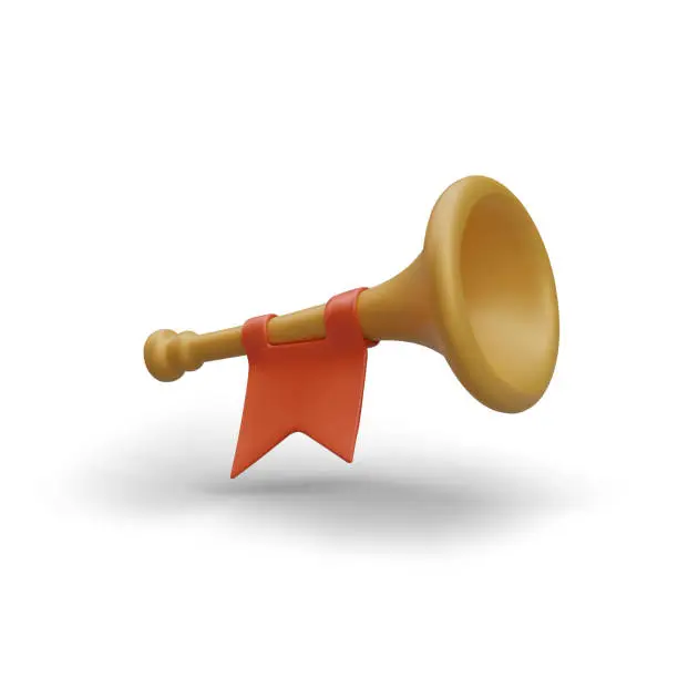 Vector illustration of 3D signal army tool. Horn with red flag. Sound notification of end of battle