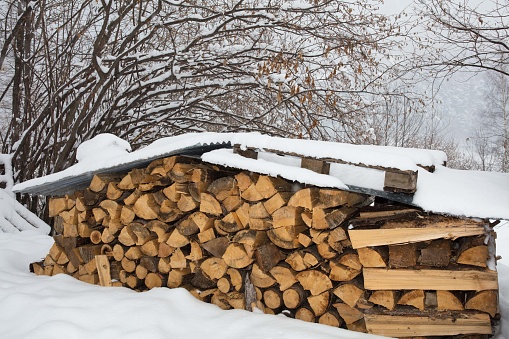 Snowy stack cutted firewood on winter field near forest