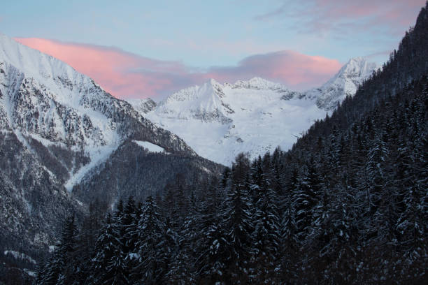 The sky clears in the evening after a snowy day. The mountains light up with the last rays of the sun, while the forest in the already dark valley bears the freshly fallen snow.