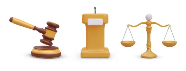 Vector illustration of Set of wooden judges gavel, speaker lectern with microphone and golden scale