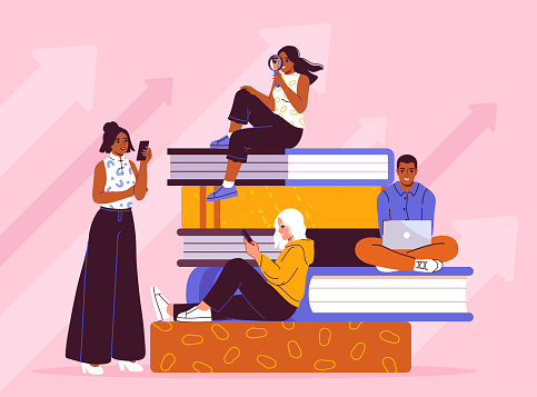 People reading books concept. Love for literature and reading. Intellectal hopbby and leisure. Education and learning. Students with textbook and fiction. Cartoon flat vector illustration