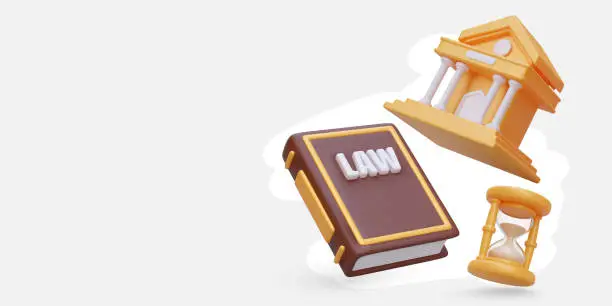 Vector illustration of Poster with 3d realistic law book, model of court and hourglasses