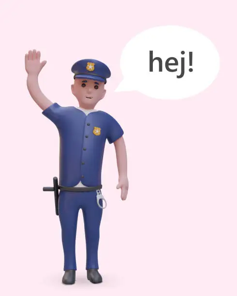 Vector illustration of 3D police officer waving and greeting. Dialogue cloud with text