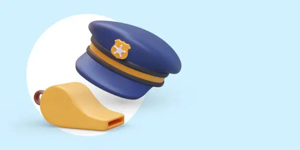 Vector illustration of Round blue policeman cap, whistle. Yellow cockade with star. Patrol uniform