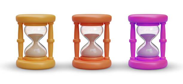 ilustrações de stock, clip art, desenhos animados e ícones de set of different hourglasses in realistic style. measuring passing time in countdown to deadline - hourglass time purple deadline