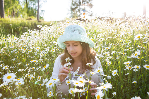 Girl sitting on a meadow covered with wild flowers. Background of field of daisy flowers in bloom. Sunny summer day, rays of light.