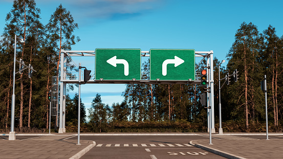 Road ends and big sign shows the options to turn right or left. Concept of chosing the right way forward.